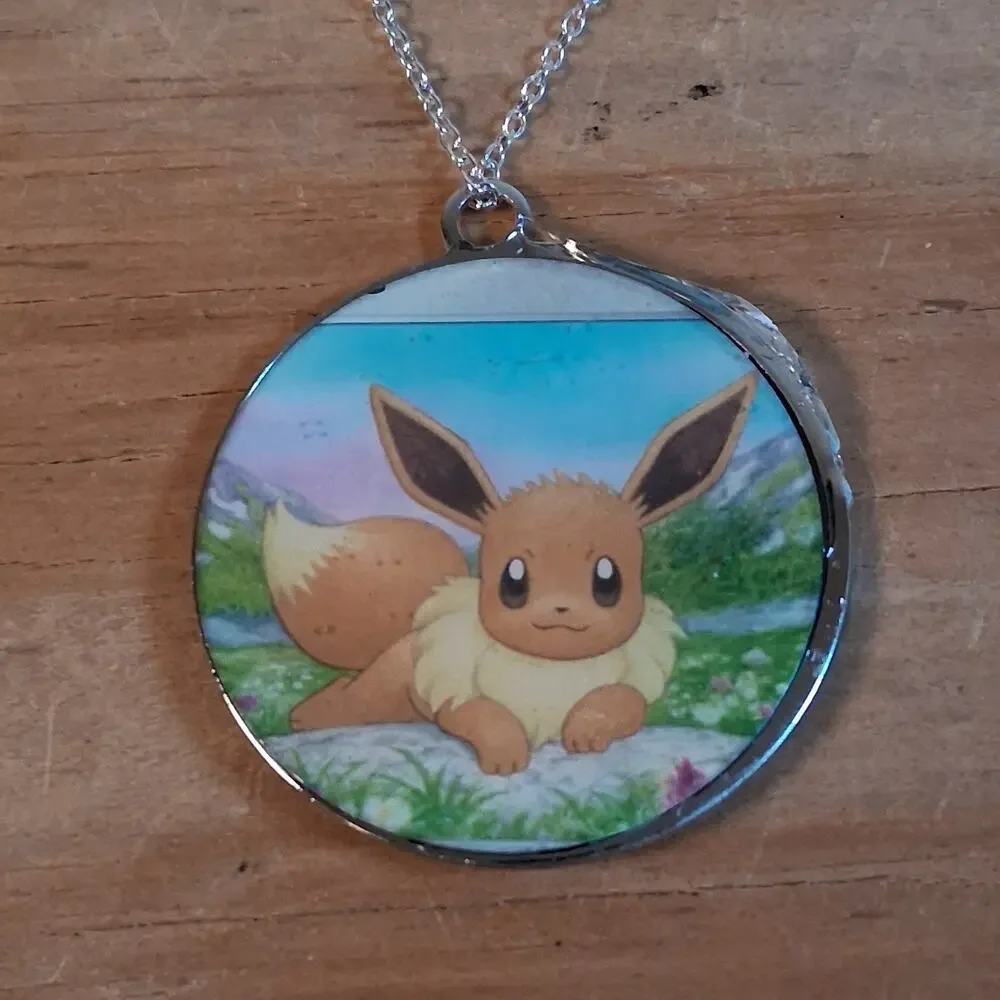 Handmade Pokemon Evee Necklace Silver Chain Round Resin Card Jewelry 10 In